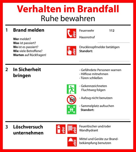 Schild verhalten brandfall - verhalten, im
